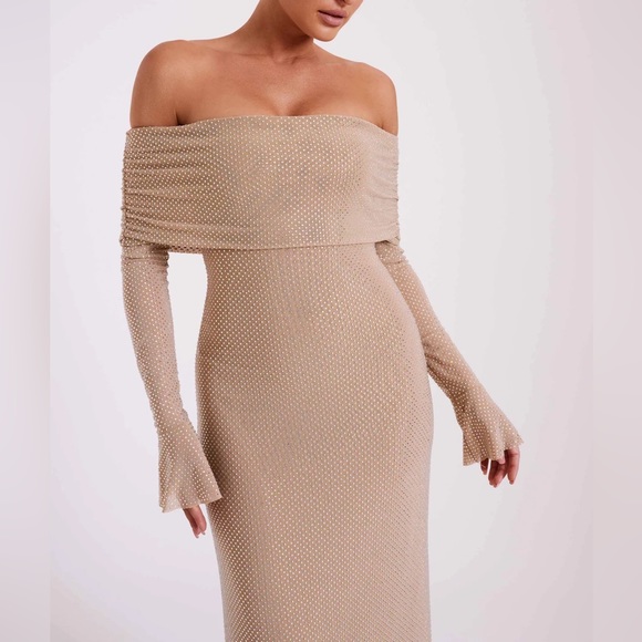 Meshki Marcel Off Shoulder Diamante Maxi Dress- Nude jeweled embellished diamond - Picture 3 of 14